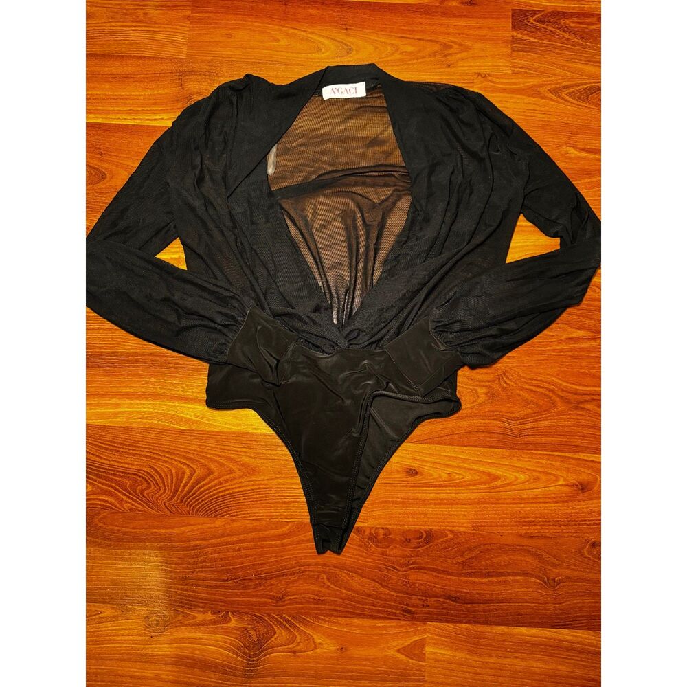 AGACI Black Long Sleeve Mesh Stretchy Bodysuit